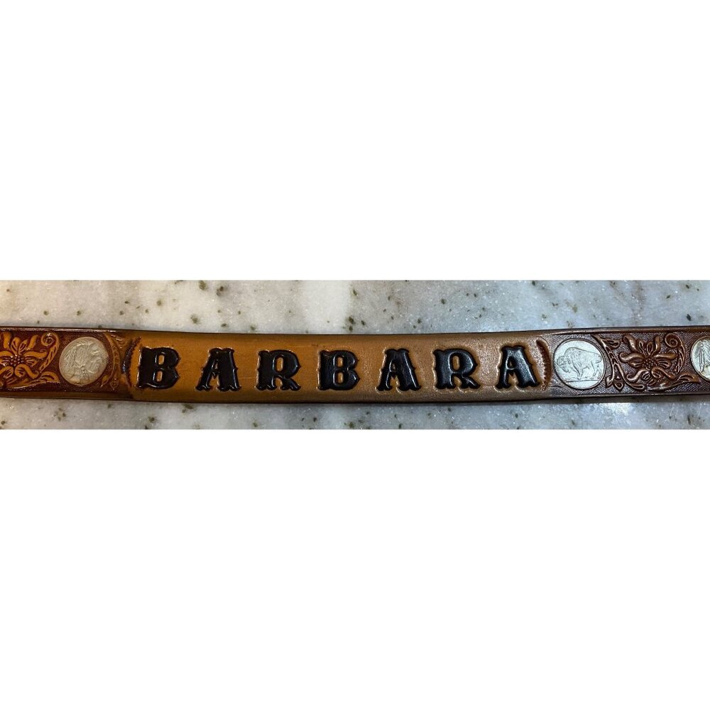 Vintage Textan BARBARA Leather Cowhide Belt Buffalo Indian Nickel Brown SZ 30